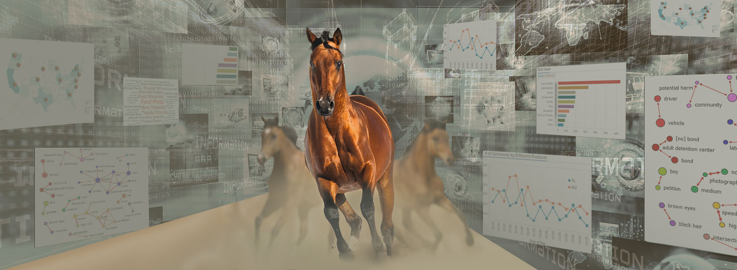 A few horses running in front of several software screenshots showing various charts