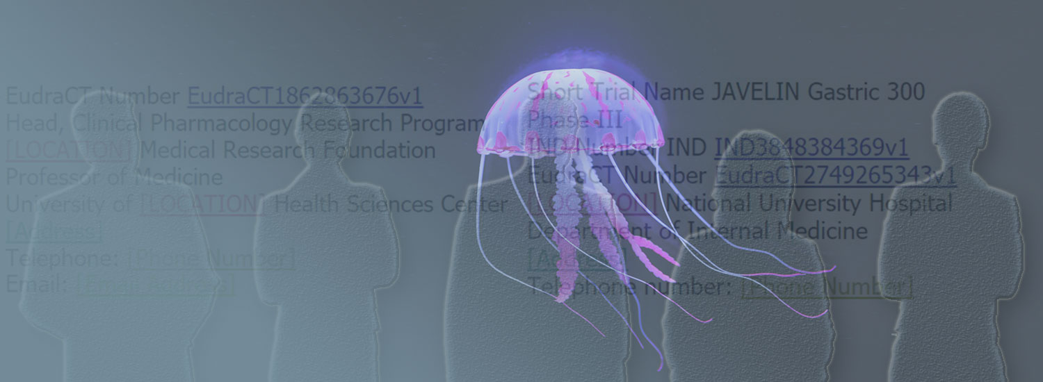 A jellyfish floating in front of the outlines of some people with a backdrop of a document containing some underlined text