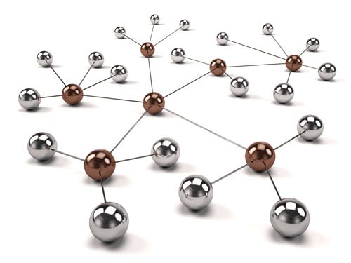 Several brass and silver balls connected together representing a network