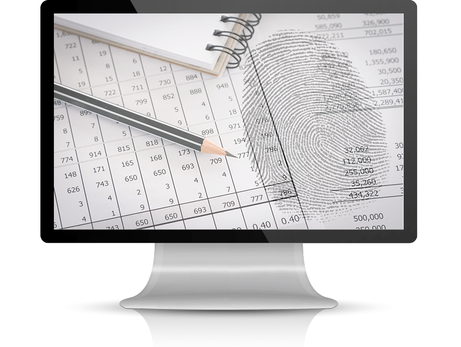 A large fingerprint on what looks like an accounting spreadsheet, framed within a computer monitor