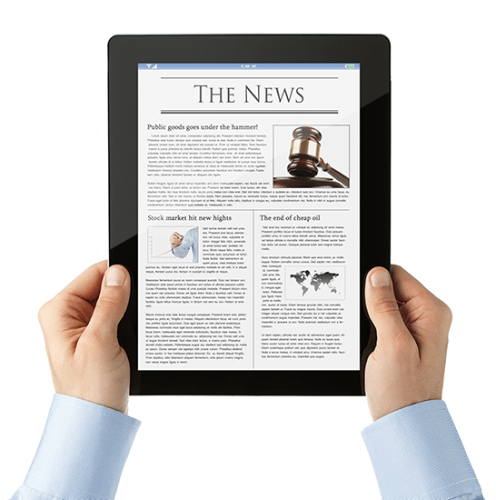 A newspaper front-page displayed on a tablet screen