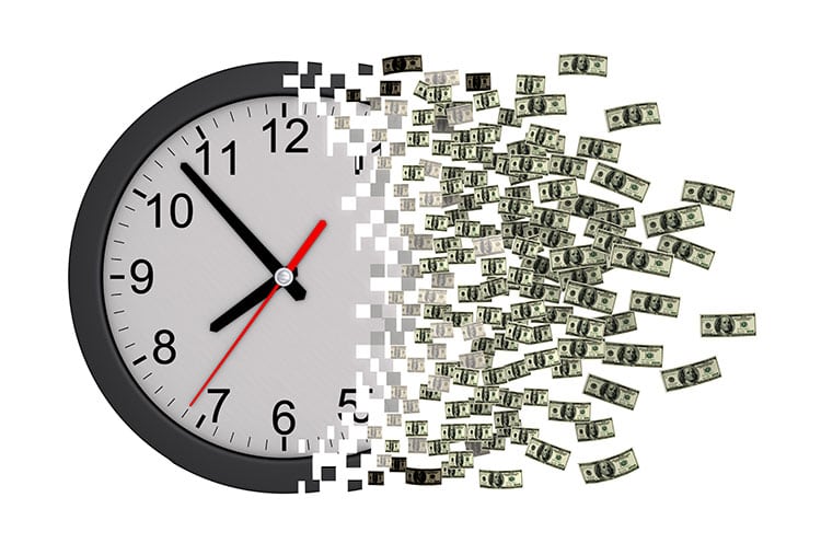 A picture of a clockface changing into currency