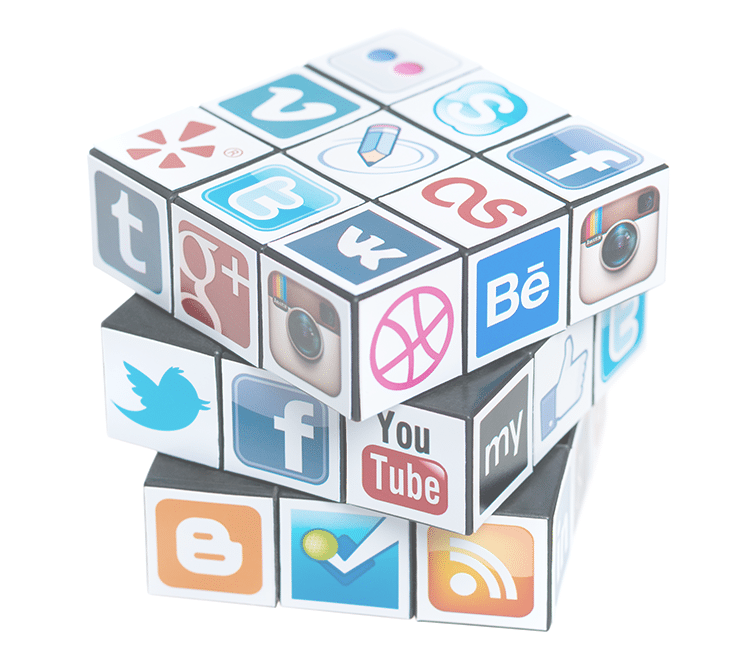 A picture of a rubic's cube showing logos of social media companies instead of colors