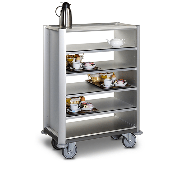 A hospital cart carrying food