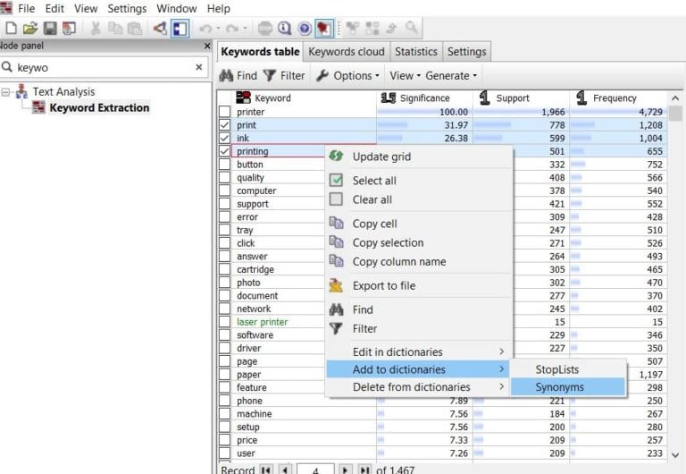 A screenshot of PolyAnalyst showing to how to right click on the results of keyword extraction